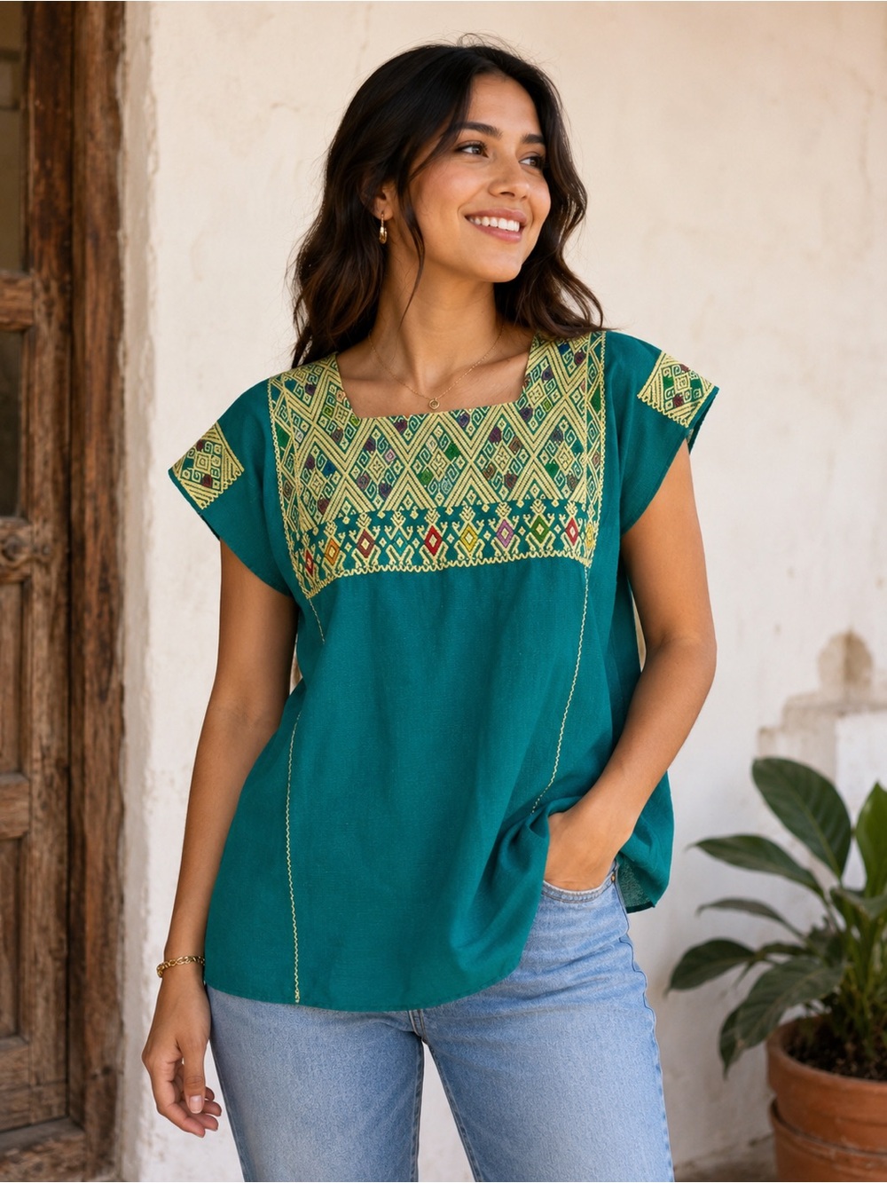 Embroidered Square-Neck Tunic Top in Teal